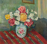 Gemaelde Reproduktion von Conrad Felixmuller Rose Carnations in a Rose Container on a Red Blanket