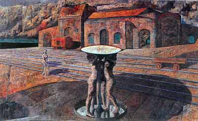 Armando Morales, Railway Yard and Fountain Fine Art Reproduction Oil Painting