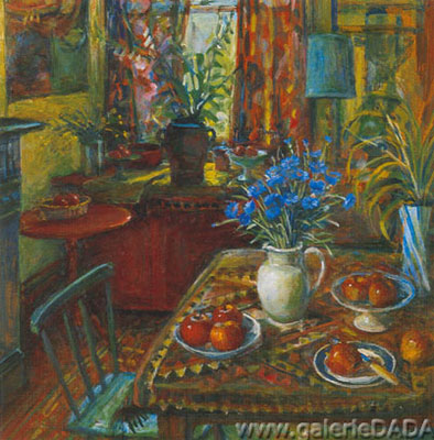 Margaret Hannah Olley, Cornflowers and the Indian Rug Fine Art Reproduction Oil Painting