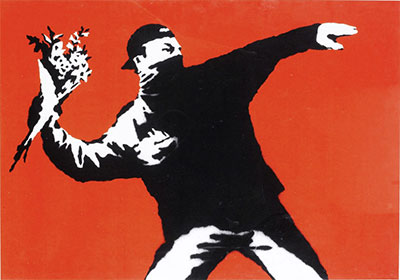 Gemaelde Reproduktion von Banksy Liebe in der Luft (Flower Thrower)