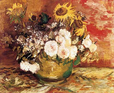 Vincent Van Gogh Bol de tournesols, roses et autres fleurs reproduction-de-tableau