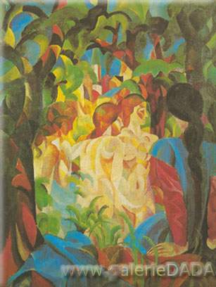 August Macke, Girls Bathing with Town in Background Fine Art Reproduction Oil Painting