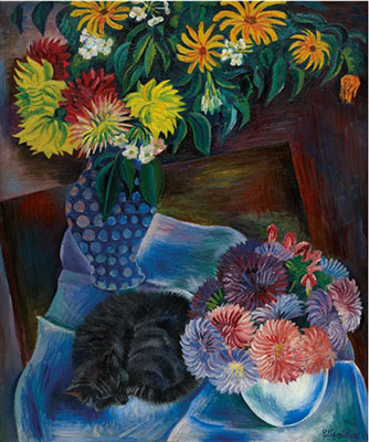 Herbstblumen mit Katze II Katze liegend - Conrad Conrad, Fine Art Reproduction Oil Painting