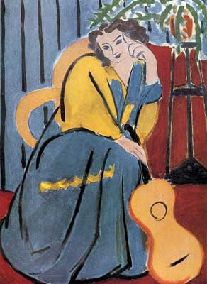 Woman in Yellow And Blue with a Guitar