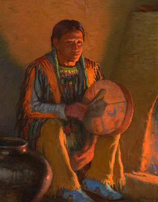Joseph Henry Sharp, Firelight Drummer Fine Art Reproduction Oil Painting