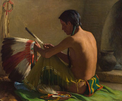 Joseph Henry Sharp, Mending the Bonnet Fine Art Reproduction Oil Painting