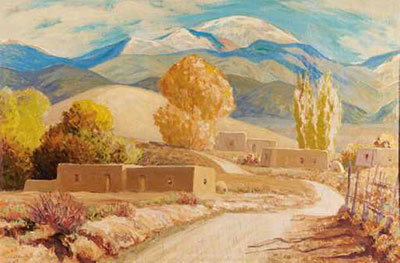 Adobe Village Scene with Mountains - Sheldon Sheldon, Fine Art Reproduction Oil Painting