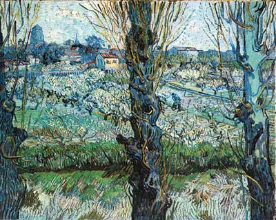 Orchard in Bloom with Poplars-Thick Impasto Paint