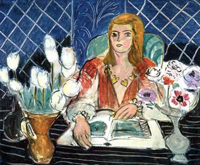 riproduzione-quadri-di Henri Matisse Annelies, Tulips bianchi e anemoni