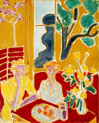 riproduzione-quadri-di Henri Matisse Due ragazze in un interno giallo e rosso